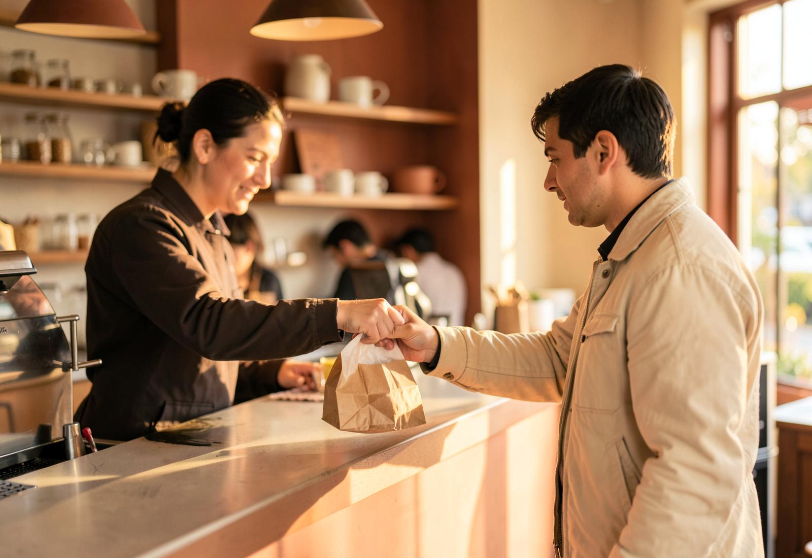 Barista handing a takeaway order to a delivery courier at a café counter